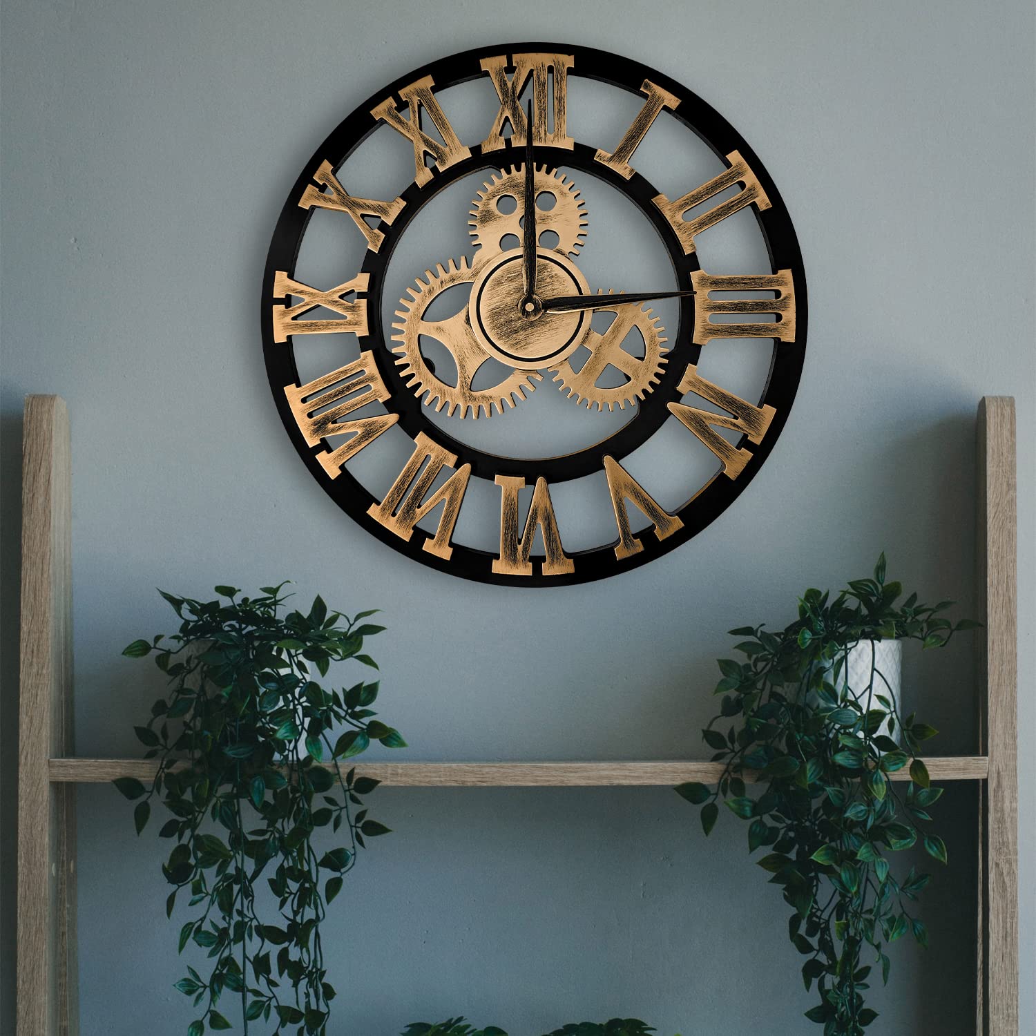 Reloj de Pared de Madera de Cuarzo con Números Romanos con Engranajes Vistos, Silencioso, no Hace tictac, para Sala de Estar, Dormitorio, Oficina, Cocina