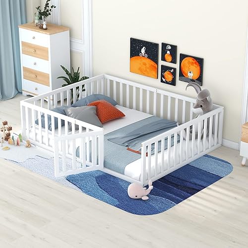 Harper & Bright Designs Cama Montessori tamaño Queen con rieles, marco de cama de madera tamaño Queen con valla y puerta, para niños y niñas (blanco) disponible en Yaxa Peru