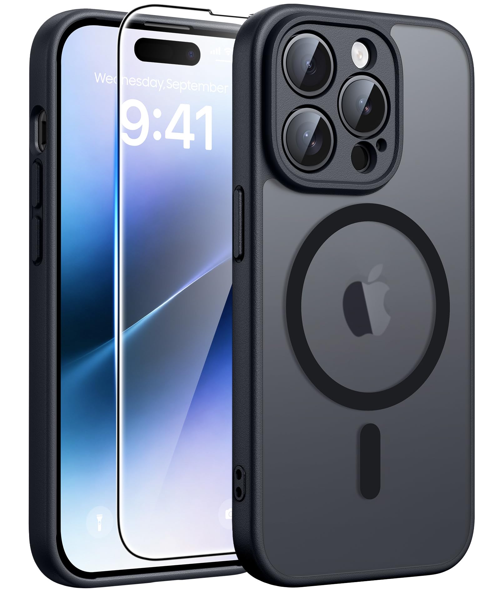 FNTCASE for iPhone 14-Pro Case Black: Translucent Compatible with MagSafe