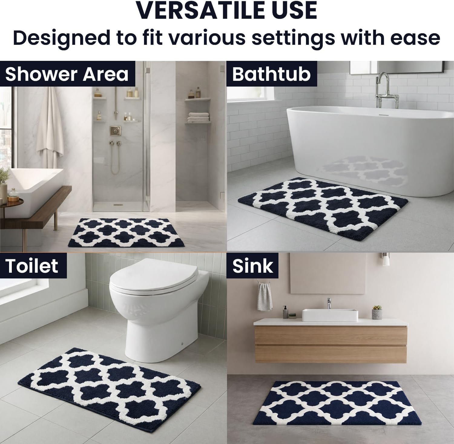 C23 Trellis Navy Blue/White Bathroom Rug 2200 GSM Set of 2-20"x32" & 16"x24" | Ultra-Thick High-Density Bath Mat| Decorative Non-Slip Luxury Bathroom Mat | Hotel Quality, Machine Washable Bath Rug - Image 6
