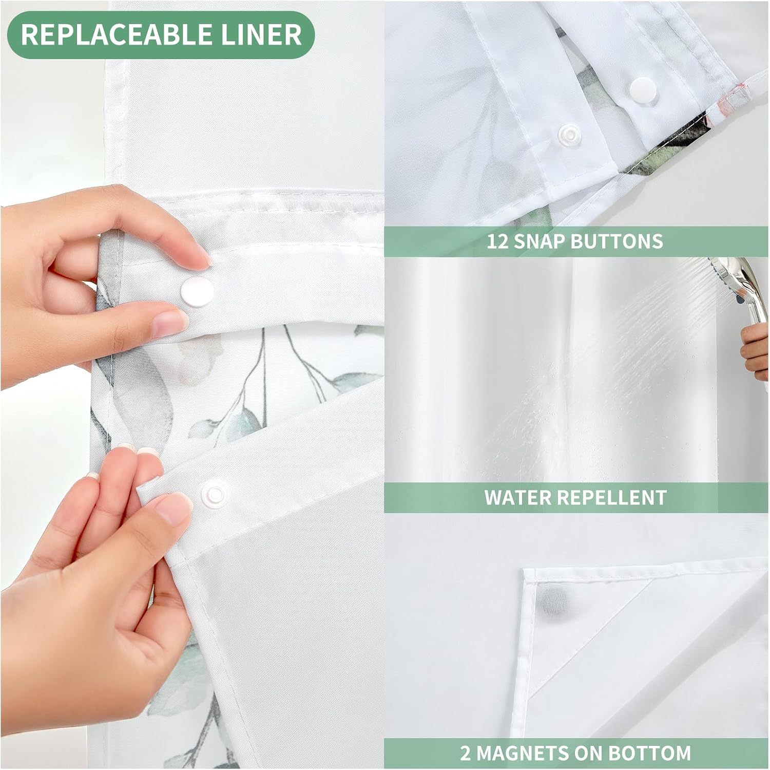 QiyI No Hook Shower Curtain with Snap in Fabric Liner, Sage Green Eucalyptus Shower Curtain with See Through Top Window, Waterproof Washable Cloth Ringless Shower Curtain Set for Bathroom, 72 x 81