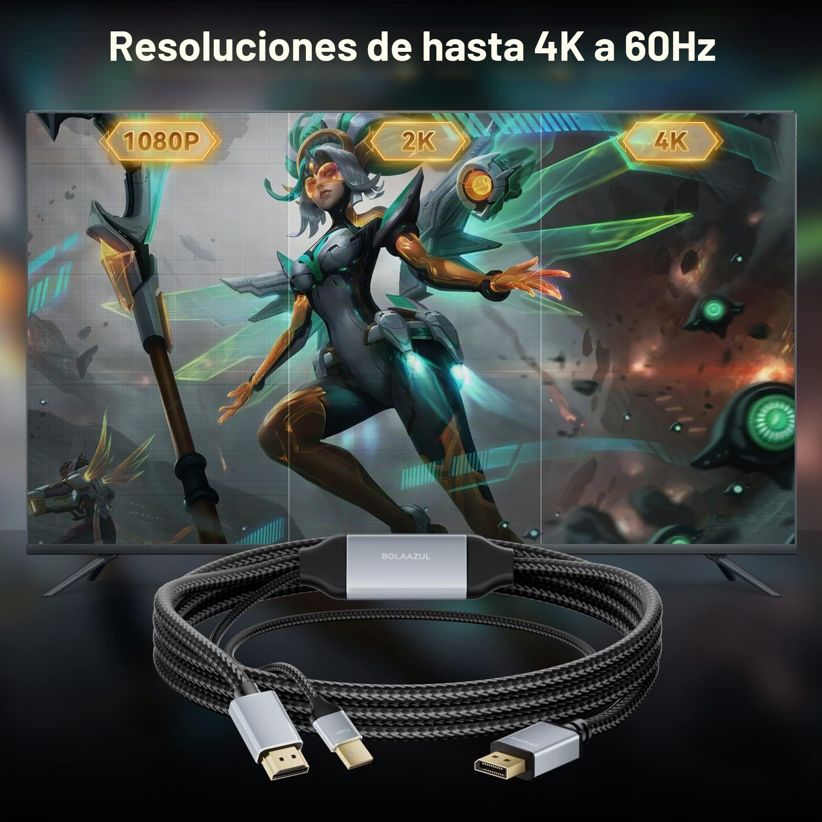 BolAAzuL Cable HDMI 2.0 a DisplayPort para Xbox Series X, PS5, PS4 Pro, 4K 60Hz Active HDMI Male in to DP 1.2 out Converter Adapter Wire (Trenzado + pestillo) con alimentación USB