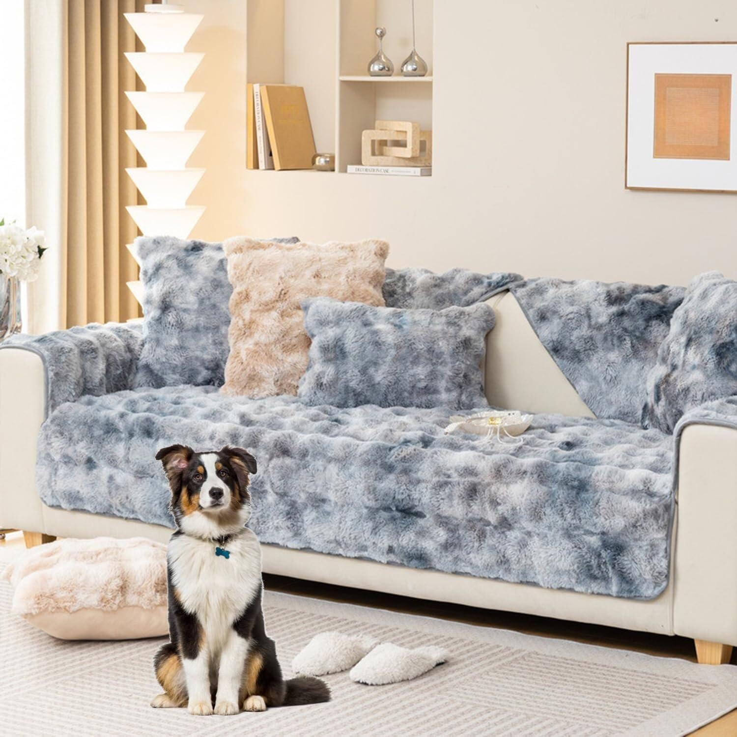 YUMEIGE Upgraded Couch Covers - Thickened Plush Couch Cover L Shape Sectional Sofa Slipcover for 3/2/1/4 Cushion Couch Non-Slip Sofa Protector Covers(Blue,Pillowcase30*50cm)