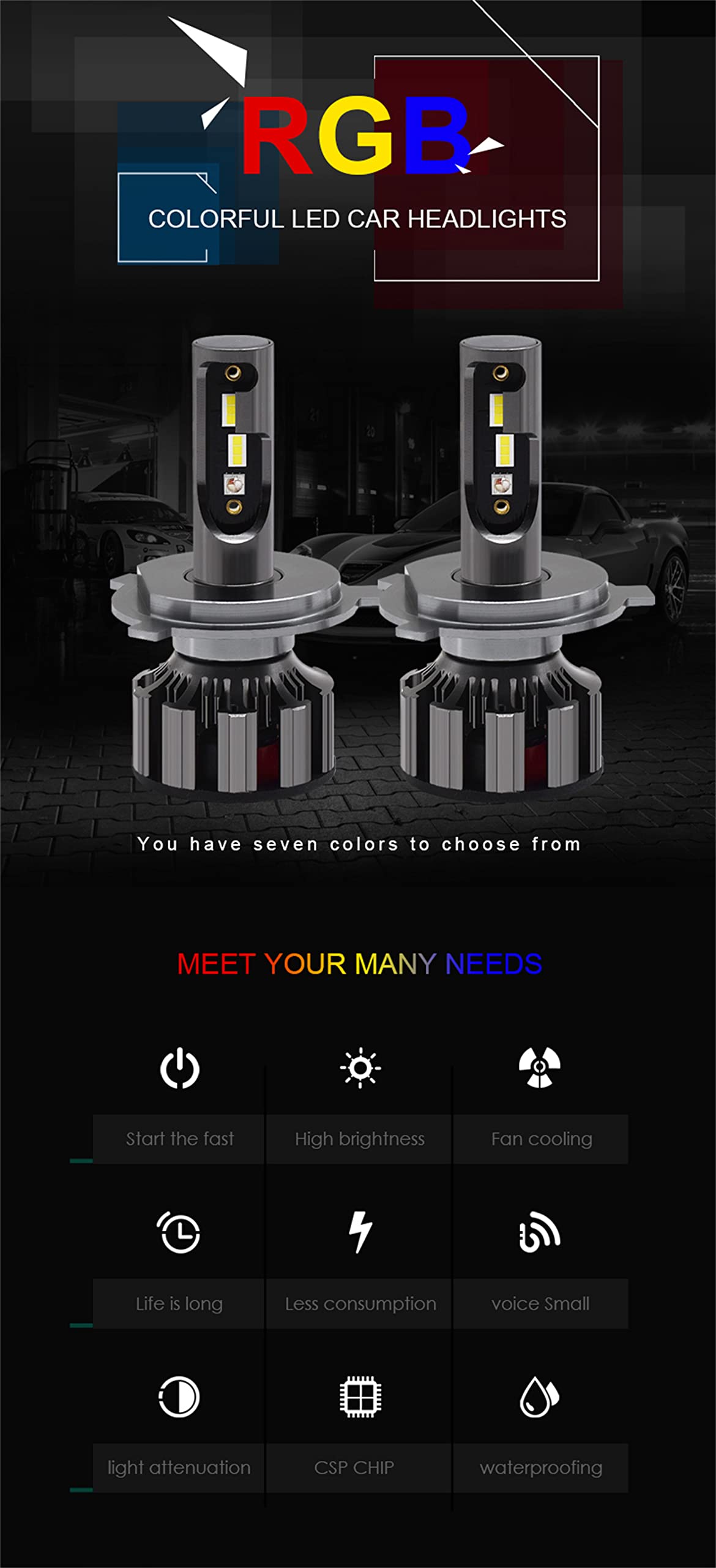 Lampadine per Fari LED RGB, Conversione Fari Bluetooth RGB + LED Abilitata per App, Kit di Conversione Fari IP68 Impermeabile, Installazione Rapida, Confezione da 2,H4