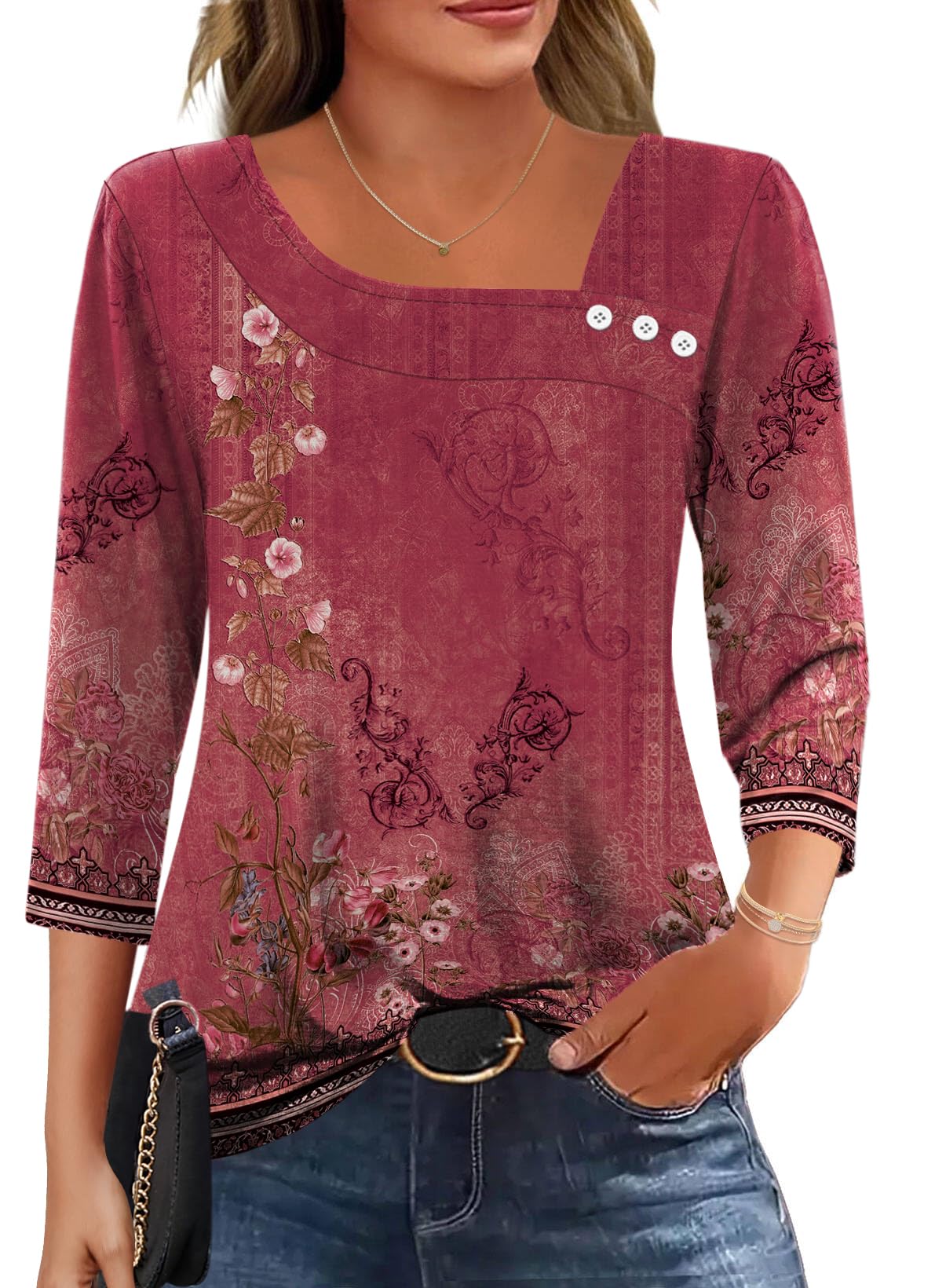 LOMON Womens 3/4 Length Sleeve T Shirts Asymmetrical Neck Tops Business Blouses for Women Fashion 2026