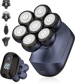 7D Electric Head Shavers for Bald Mem, Waterproof Wet/Dry Electric Razor for Head/Face, LED Display, Fast Charging & Magnetic Blade, 5-in-1 Grooming Kit for Home & Travel-Dark Blue