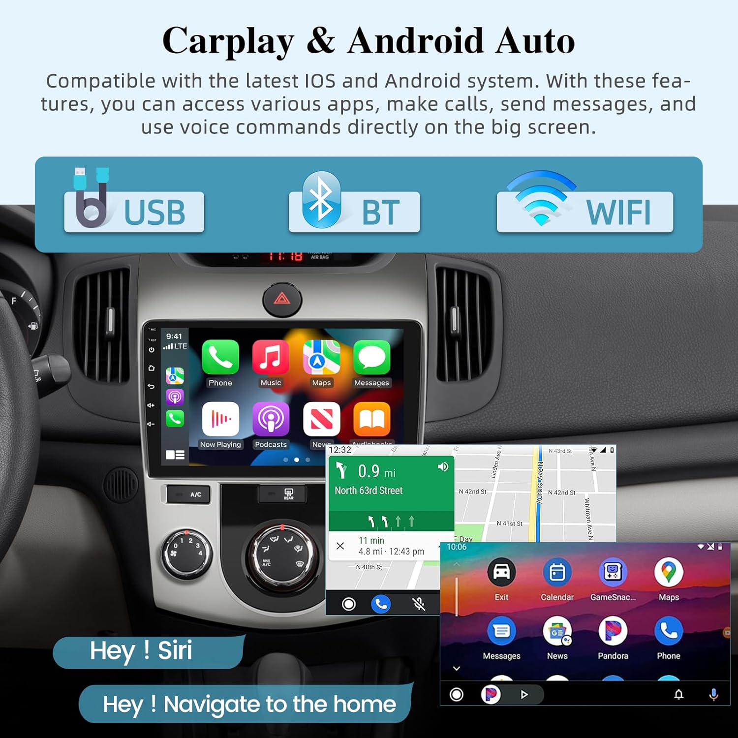 [2+64G] Android 13 Car Radio for Kia Forte 2009-2017 with Wireless Carplay and Android Auto - 9 Inch Touch Screen Car Stereo - Hi-Fi/WiFi/GPS Navigation/SCW + AHD Backup Camera