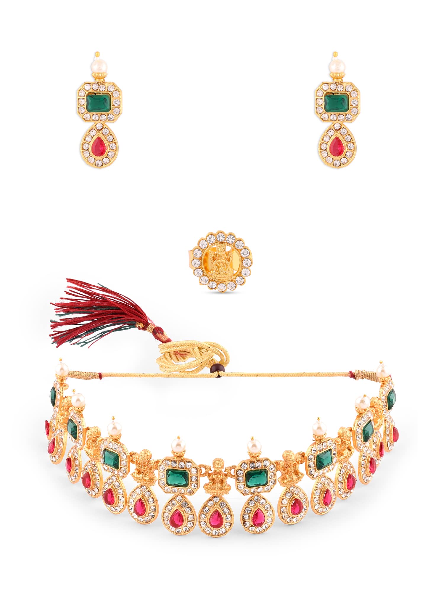 ZAVERI PEARLSGreen & Pink Stones Goddess Laxmi Temple Necklace Earring & Ring Set For Women-ZPFK14437