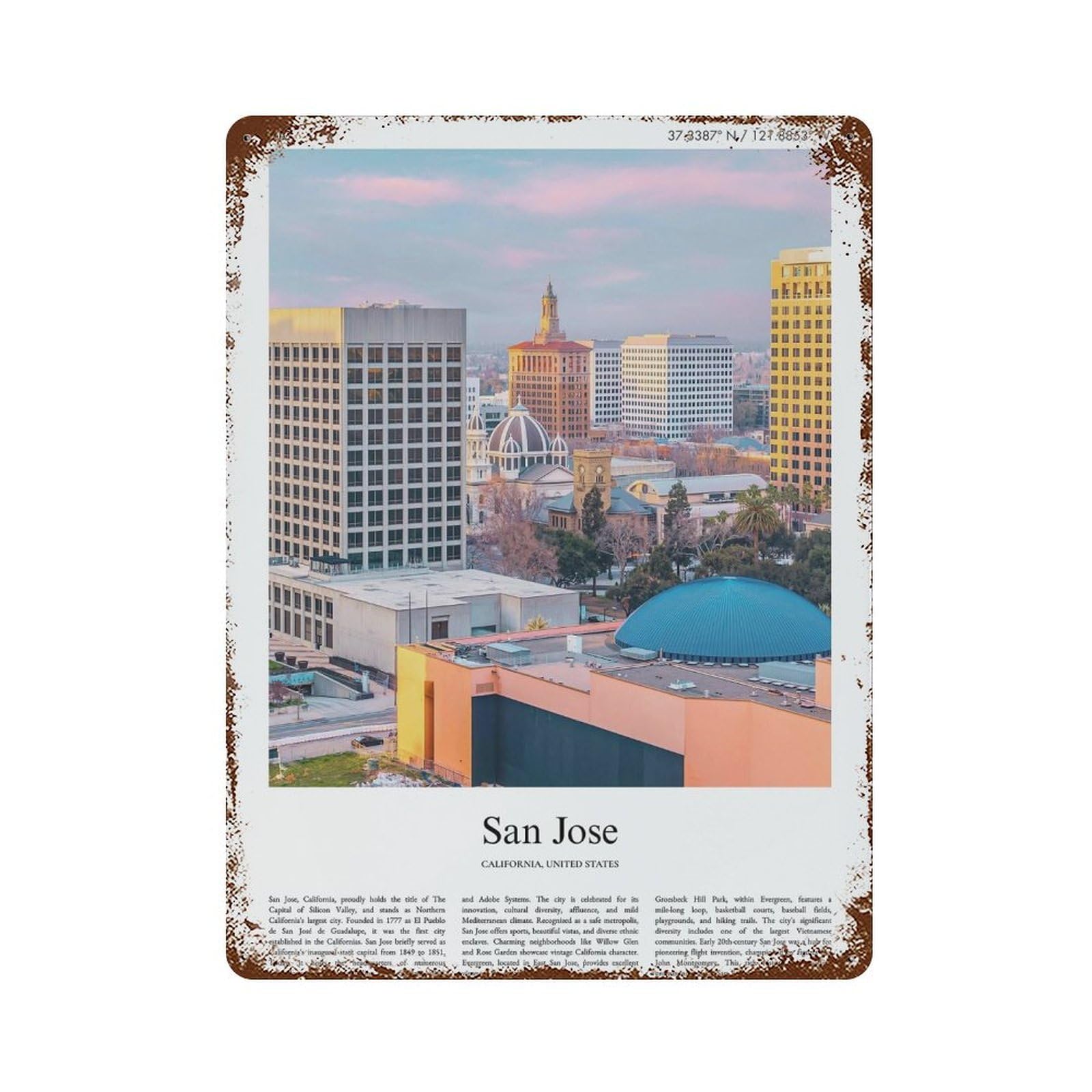 xiaoxiaoshen San Jose California, United States, USA City Scenery Wall Decor Art Metal Tin Poster Modern Home Decor Art Home Bar Shop Decorations Vintage Sign 40x30cm