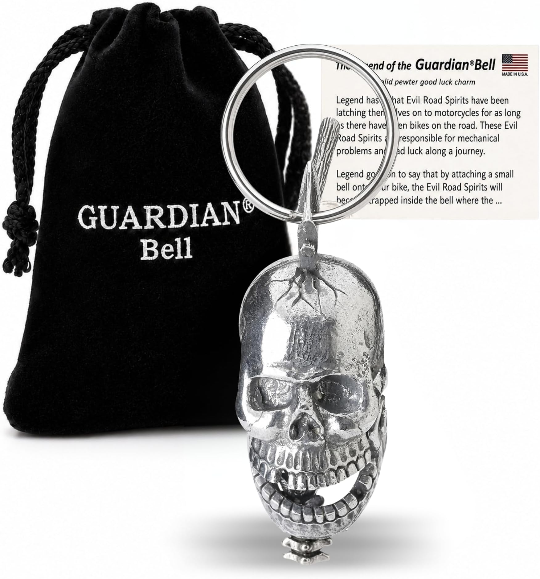 Good Luck Bell w/Keyring & Black Velvet Gift Bag | Motorcycle Bell | Lead-Free Pewter | Made in USA