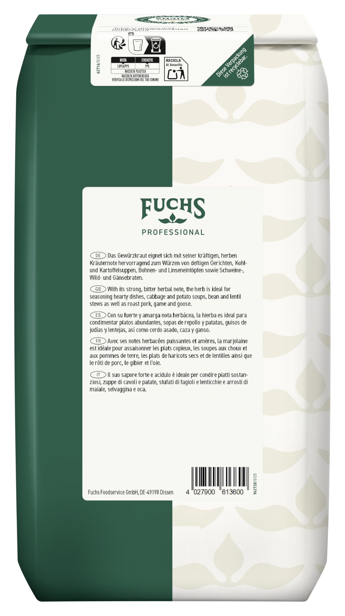Fuchs Professional - Mejorana frotada | 250 g en bolsa reciclable | Para refinar guisos de judías y lentejas | Calidad profesional para consumidores a granel y gastronomía
