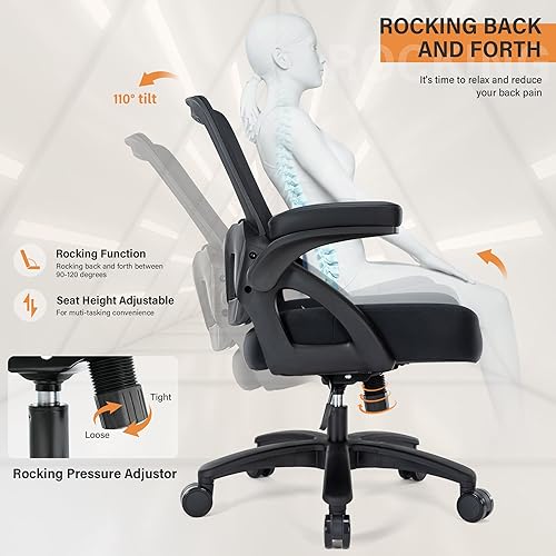 Miniatura 5 de Silla de oficina grande y alta de 400 libras con asiento ancho, silla de escritorio ergonómica resistente con brazos abatibles, silla ejecutiva de