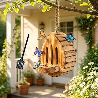 Butterfly House for Outside, Wooden Butterfly Habitat and Feeder, Hanging Teardrop Habitat Shelter & Feeder Kit for Garden Hanging Decor