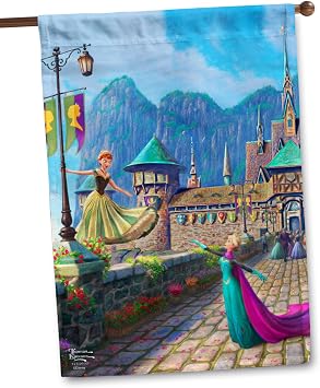 Flagology, Thomas Kinkade Disney Frozen Celebration in Arendelle House Flag 28" x 40", Outdoor Flag, Outdoor Decor Yard Flag, Anna and Elsa, Exclusive Premium Fabric, Officially Licensed Thomas Kinkade, Spring