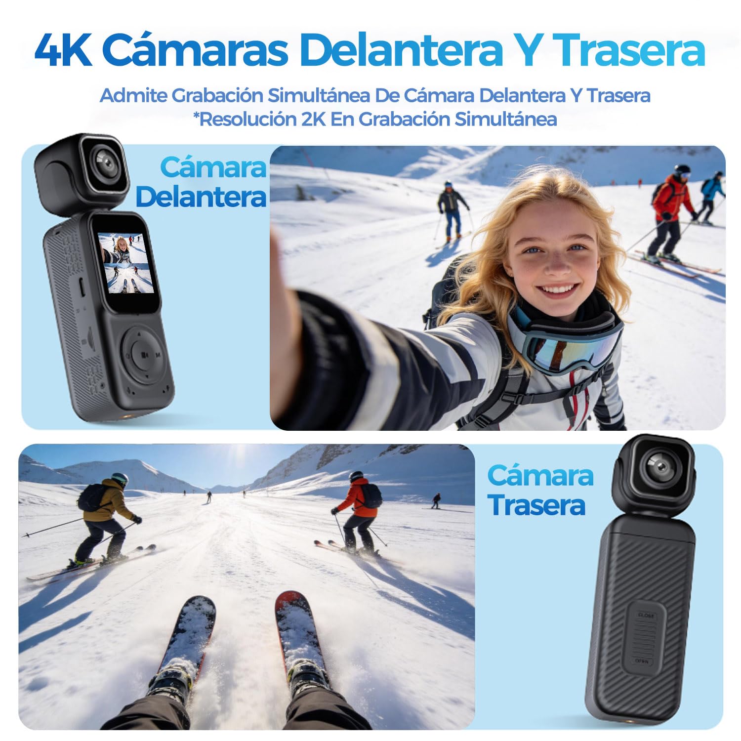 Zeerkeer Cámara de Acción Pequeña 4K Doble Lente para Bicicleta y Vlog | Batería 2000mAh, Lente Giratoria 180°, Pantalla 1.54", 130° FOV, POV Cámara Deportiva WiFi, Rosca Estándar 1/4"