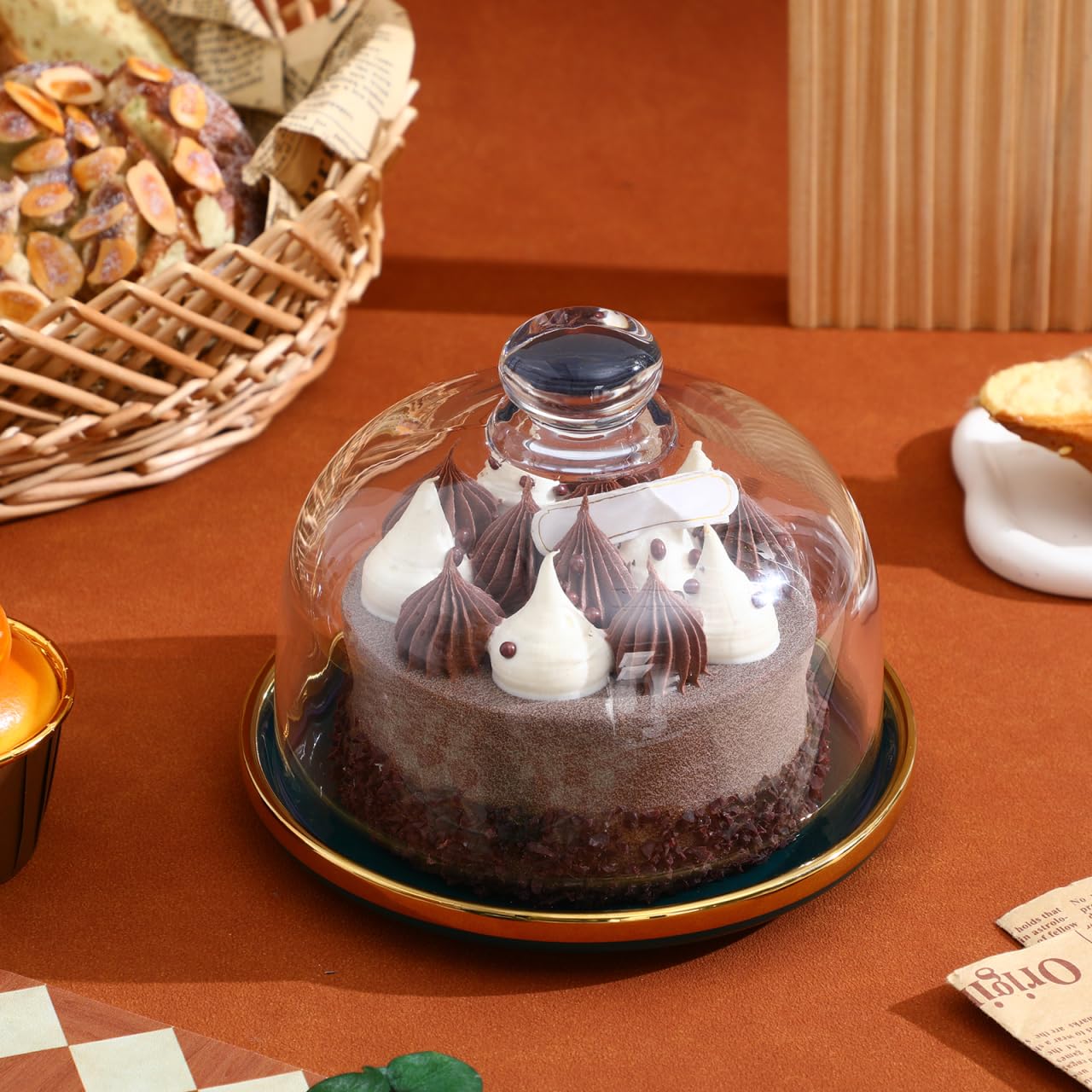 Cabilock 1 set de support à gâteau, cloche en verre, cloche à fromage, assiette en céramique, cloche à gâteau, cloche à gâteau, couvercle pour aliments