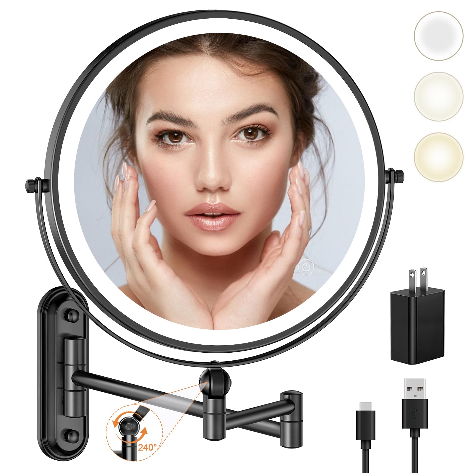 Espejo iluminado de maquillaje montado en la pared de 9 pulgadas, recargable de 4000 mAh, espejo de tocador LED de doble cara con altura ajustable y aumento de 1X/10X, 3 luces de color, pantalla
