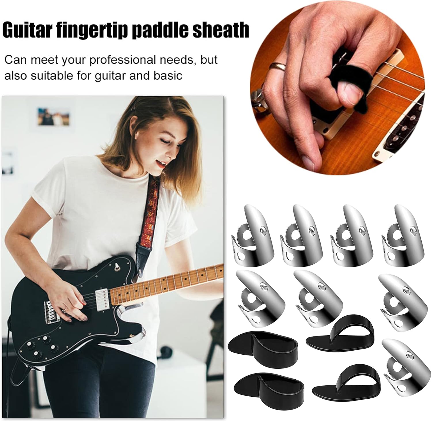 12pcs Adjustable Finger Thumb Picks Set Includes 8pcs Silver Stainless Steel Finger Picks and 4pcs Plastic Thumb Picks for Guitar Banjo Harp Bass Plectrum (Black)