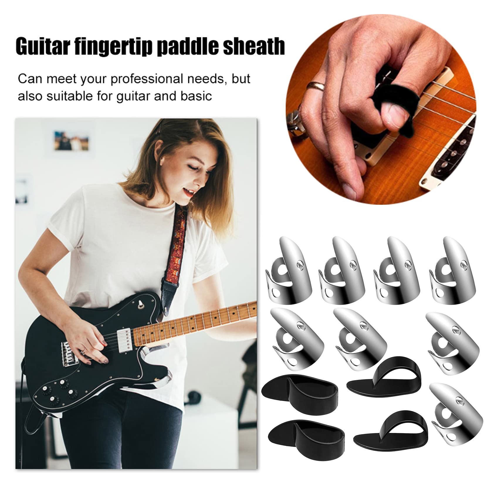 Lot De 12 Médiators De Pouce - 8 En Acier Inoxydable Argenté, 4 En Plastique Noir - Pour Guitare, Banjo, Ukulélé