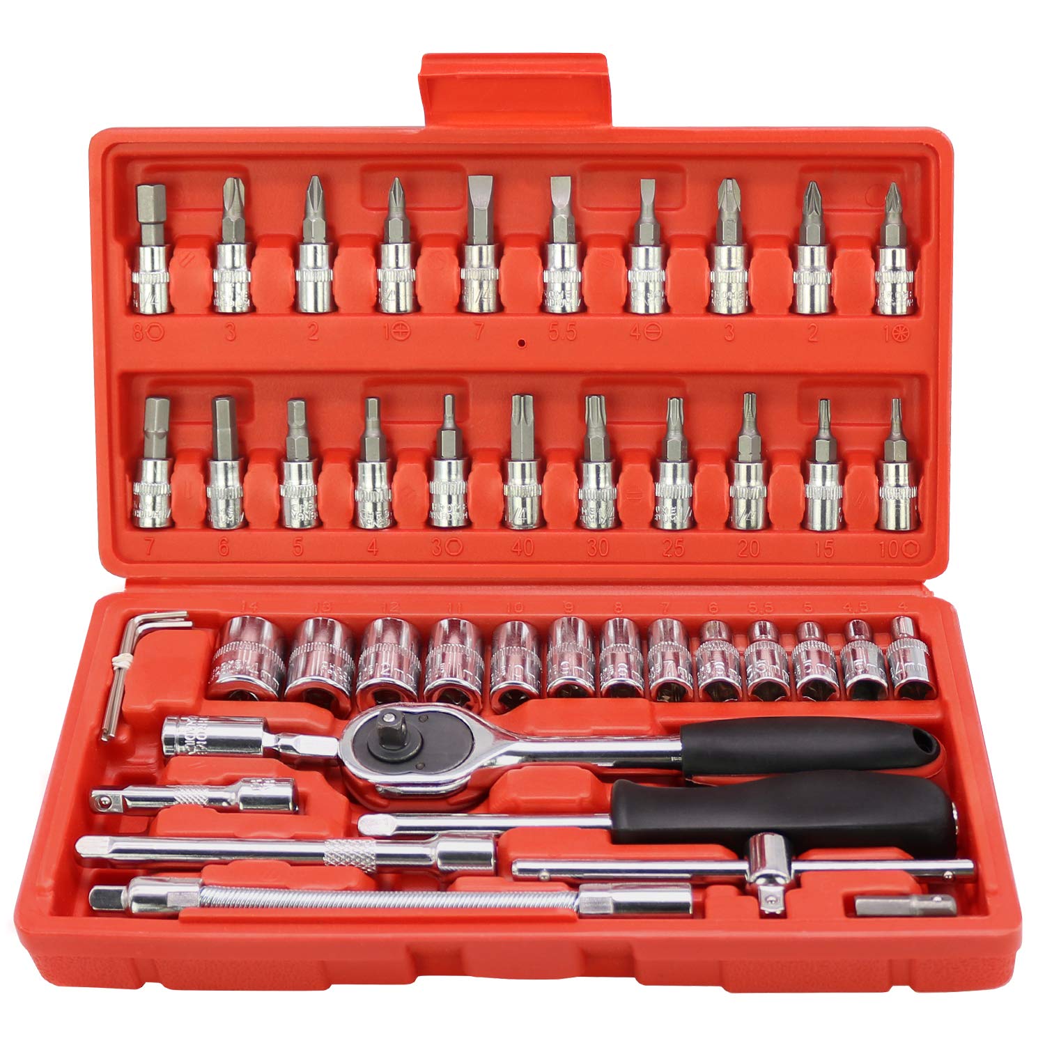 TRENDBOX 46-Piece Tool Set, Carbon Steel Hand Socket Wrench Set, Tool Kit with Plastic Toolbox