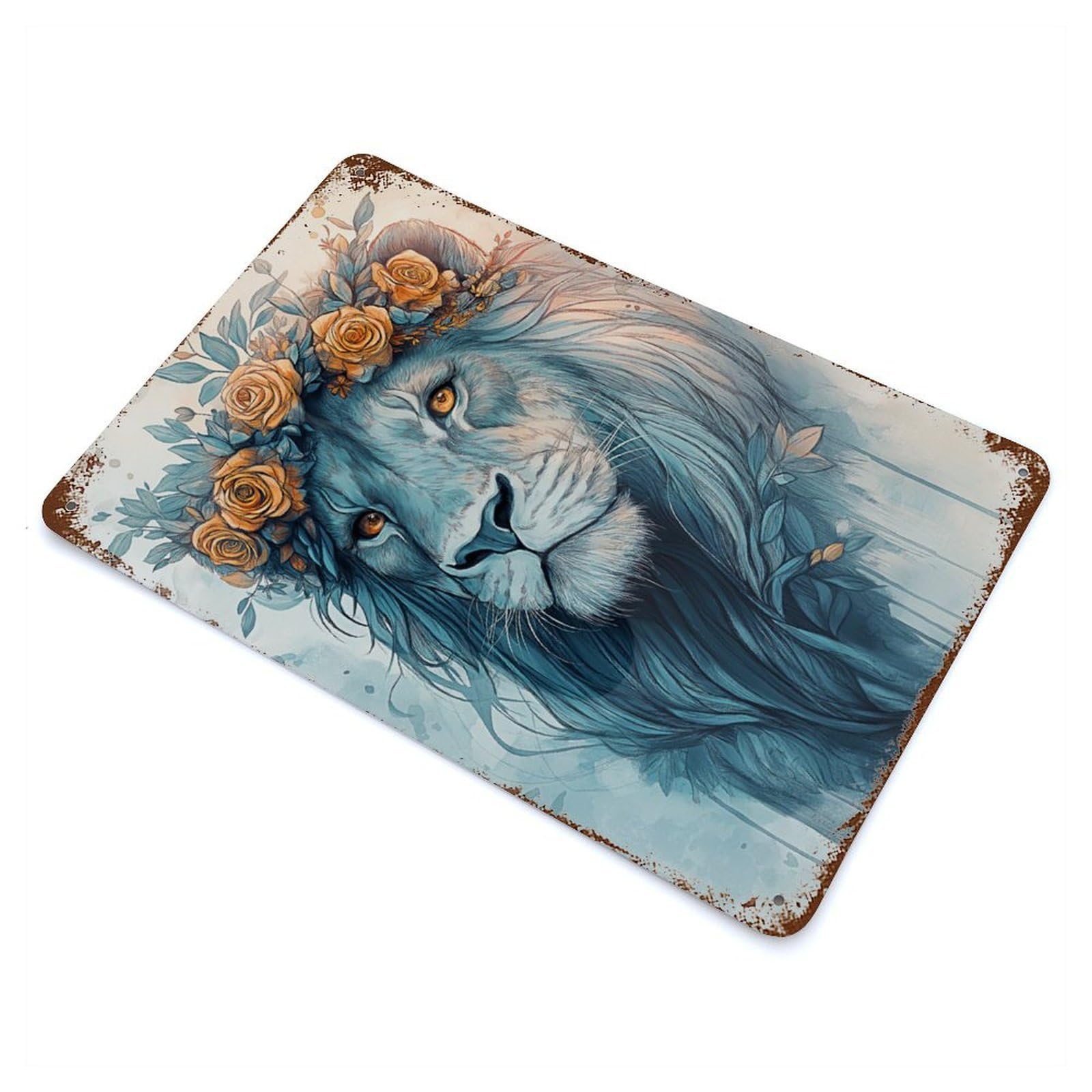 Lion with Floral Crown 11.8"x7.9" Rust Effect Tin Sign, Rustic Home Decor for Office, Studio And Wall Decor