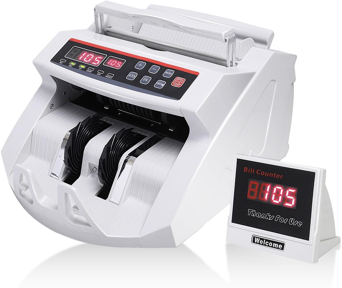 COSTWAY Upgraded Banknote Counter, Counts 1000 Notes/min and More, Multi Currency Bill Cash Counting Machine, Automatic UV & MG Counterfeit Detector, with LED Display & Brush for Banks Shops (White)