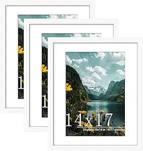 Picrit 14x17 Picture Frame 3 Pack, White Poster Frame, Display Poster 10 x 14 with Mat or 14 x 17 without Mat for Horizontal or Vertical Wall Mounting