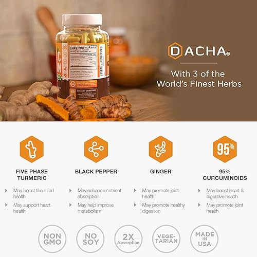 Miniatura 3 de DACHA Suplemento de curcumina tumérica, 2250 mg de apoyo articular suplementos de cúrcuma con pimienta negra jengibre 95% curcuminoides cápsulas