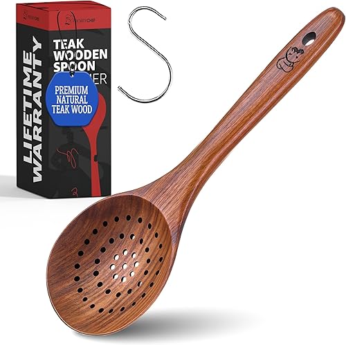 PriorityChef Cuchara Espumadera de Madera  Cuchara Grande Ranurada de Teca para Cocinar o Freír, con Mango Largo, Segura para Antiadherente y