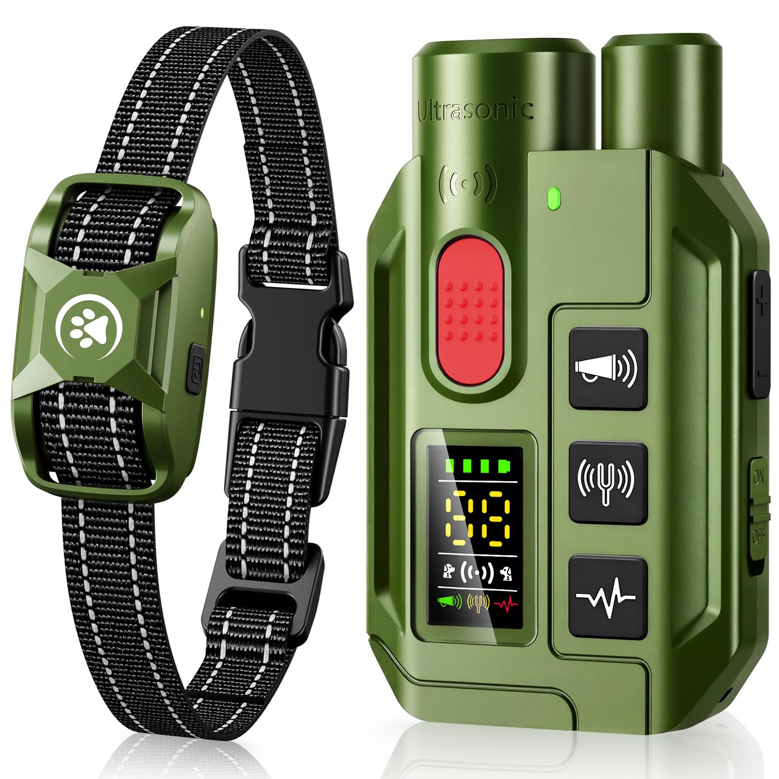 Collier de Dressage pour Chien 2 en 1 – Mode Ultrason Anti-Aboiement (Portée 5 m) & Télécommande 1000 m, Bip, Vibration & Choc Sécurisé, Étanche IP67 & Rechargeable, Vert