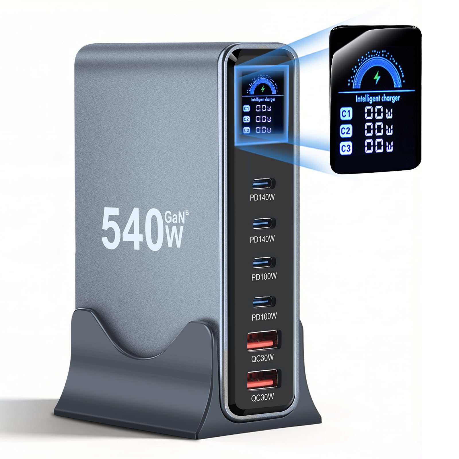 Caricatore USB C da 540 W, 6 porte per laptop multiplo (4C + 2A), display LCD GaN, caricatore rapido da 140 W, caricatore PD compatibile con MacBook Pro/Air, iPhone 17/16/15, Galaxy S25, ecc
