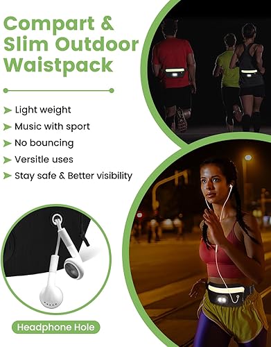 Miniatura 6 de Riñonera delgada para hombres y mujeres, riñonera con luz nocturna RGB recargable extraíble y cinta reflectante, bolsa para correr con agujero para