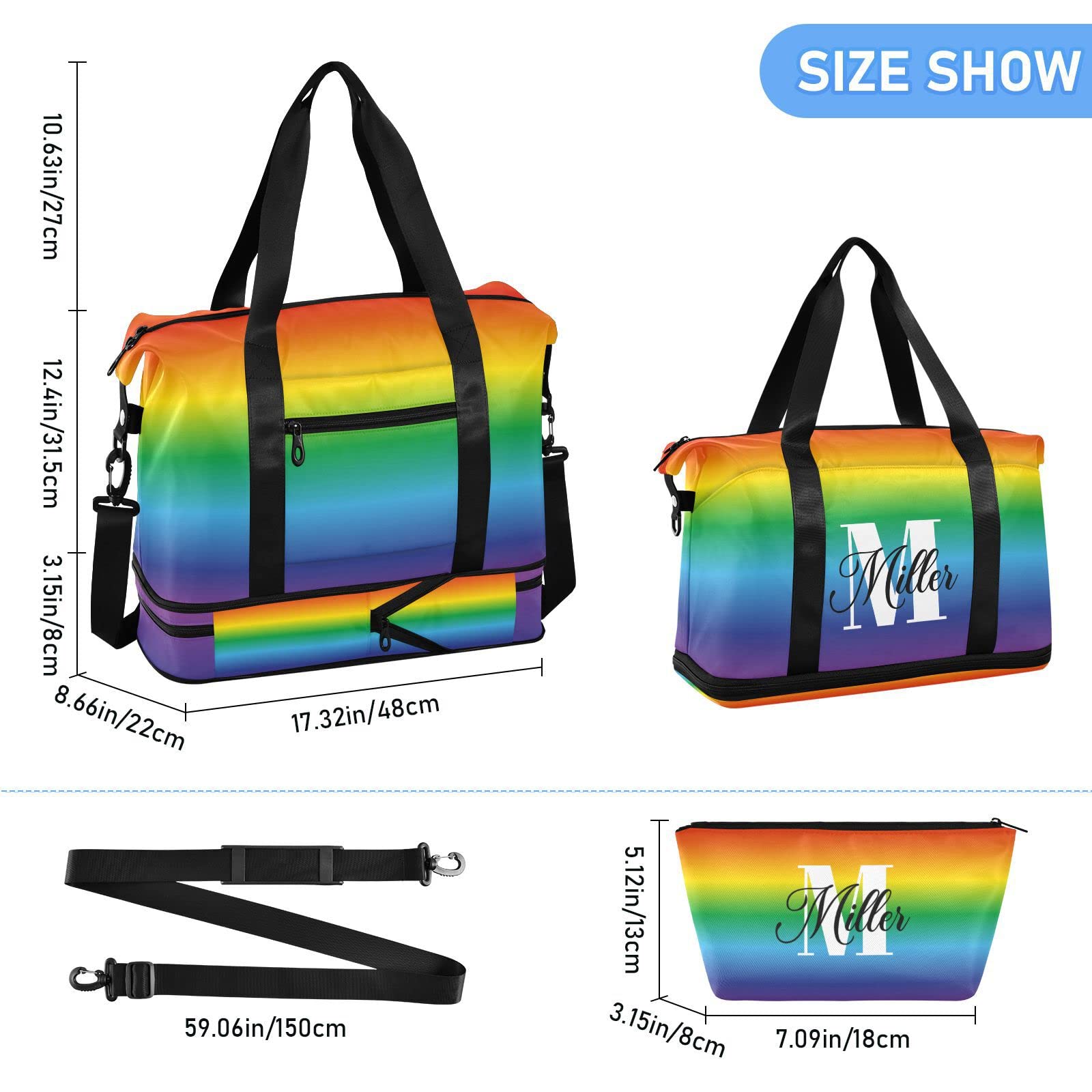 Rainbow Custom Travel Duffel Bag for Women Men Gym Bag with Shoe Compartment Wet Pocket Personalized Carry On Weekender Overnight Bags for Travel Gym Yoga School