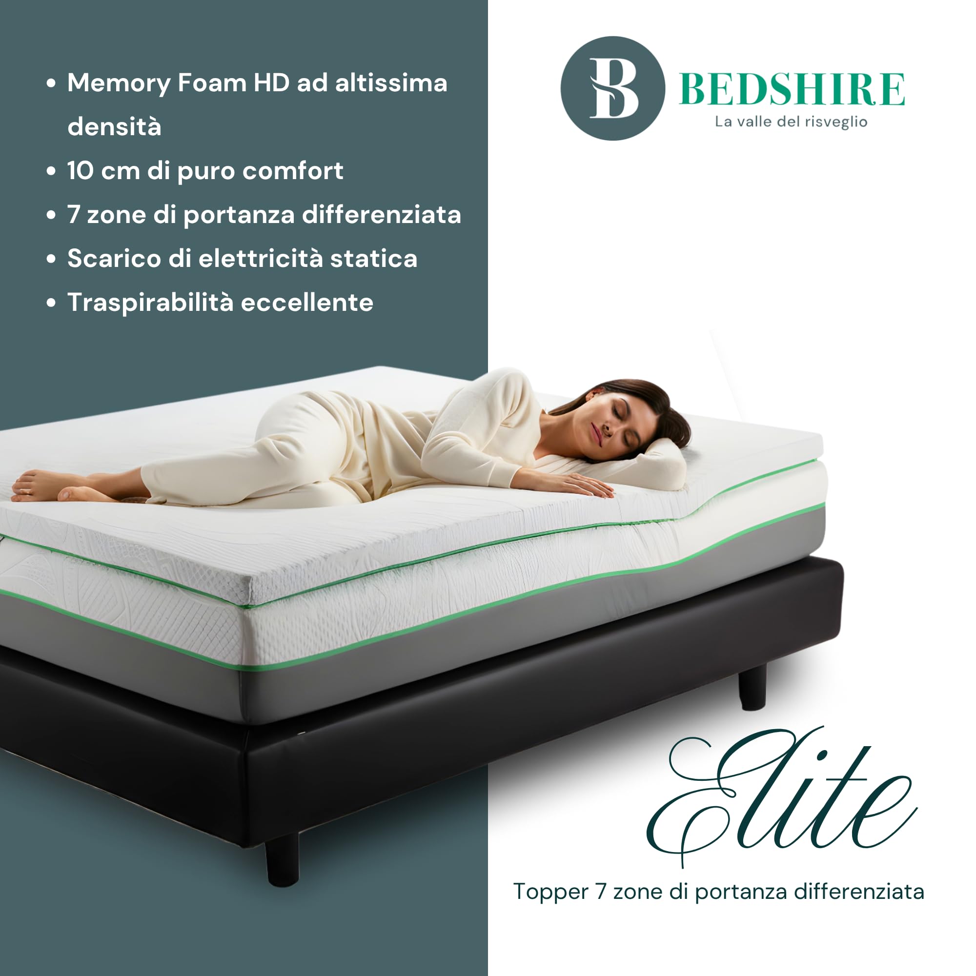 Bedshire Topper alla Grafite Matrimoniale 160x190 Materasso Correttore in Memory Foam HD in Grafene Alto 10 cm a 7 Zone con Rivestimento Sfoderabile Futon Ortopedico Made in Italy 100%