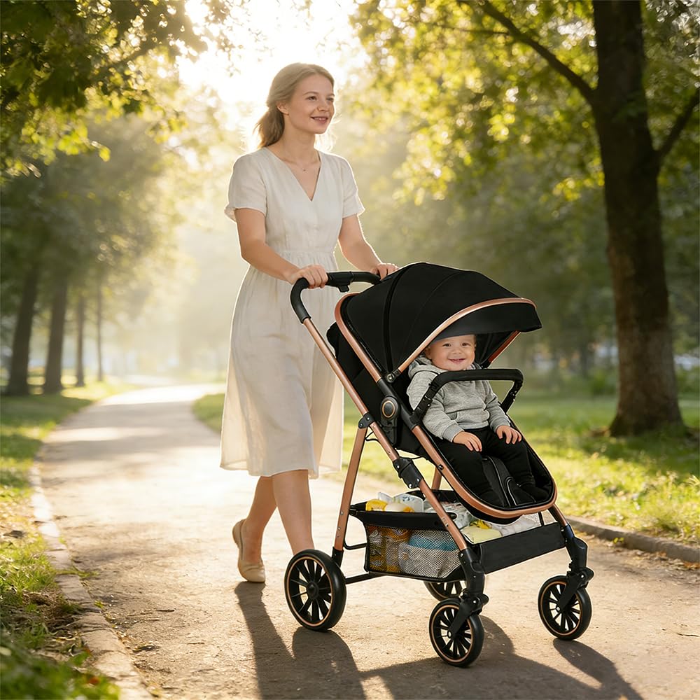 Poussette 3 en 1,Haute Vue Poussette Bebe Pliante,Voyage Pour Bébé 0 à 4ans | Panier de couchage panier 2 en 1, siège amovible, Auvent pliant