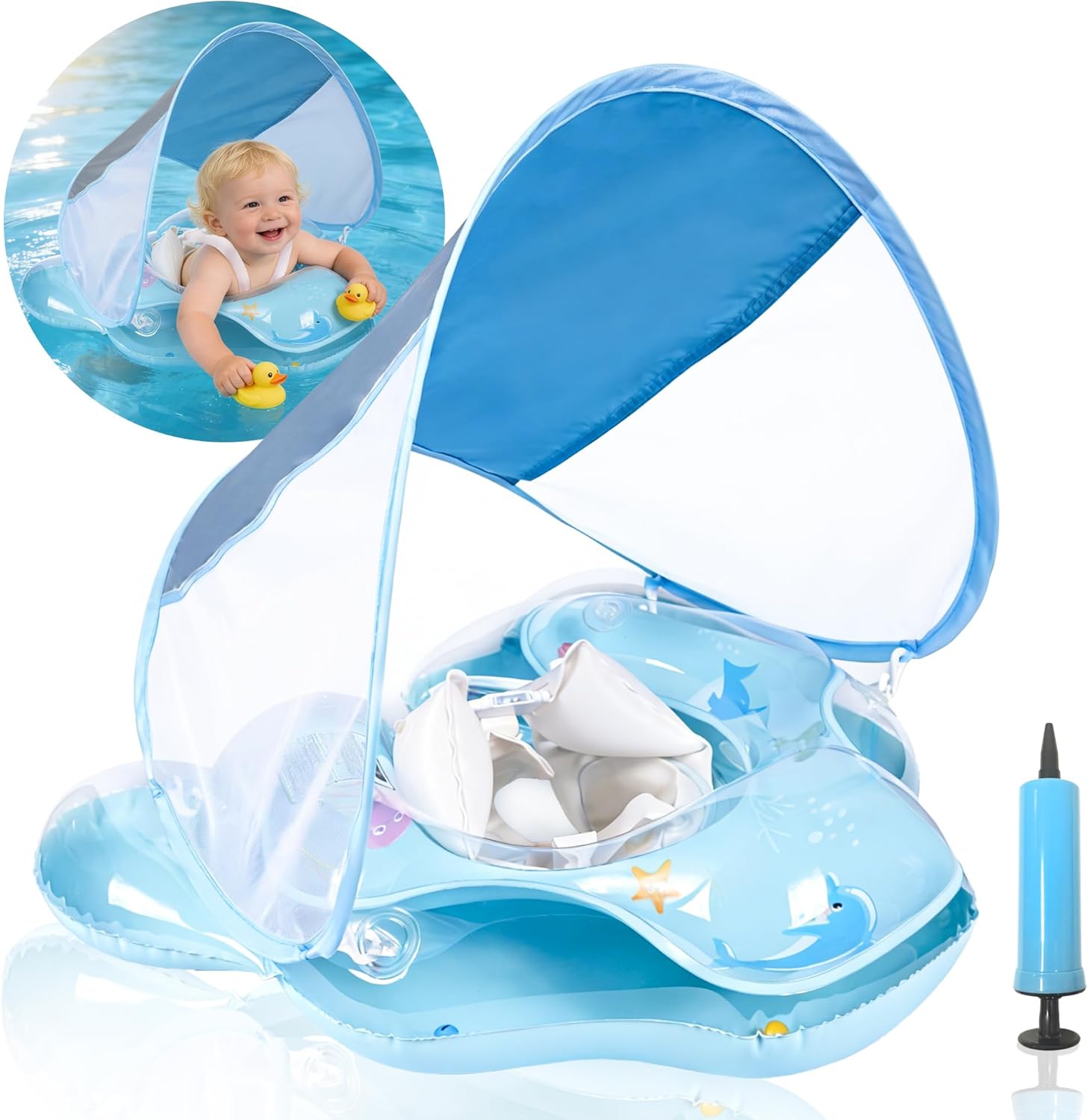 Baby Pool Float with UPF50+ Sun Protection Canopy, Inflatable Baby Float with Adjustable Safety Seat for Toddler from 6 to 36 Months, Baby Swim Float with Dual Air Chambers for Boys Girls(Large, Blue)