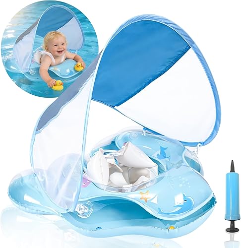 Baby Pool Float with UPF50+ Sun Protection Canopy, Inflatable Baby Float with Adjustable Safety Seat for Toddler from 6 to 36 Months, Baby Swim Blue