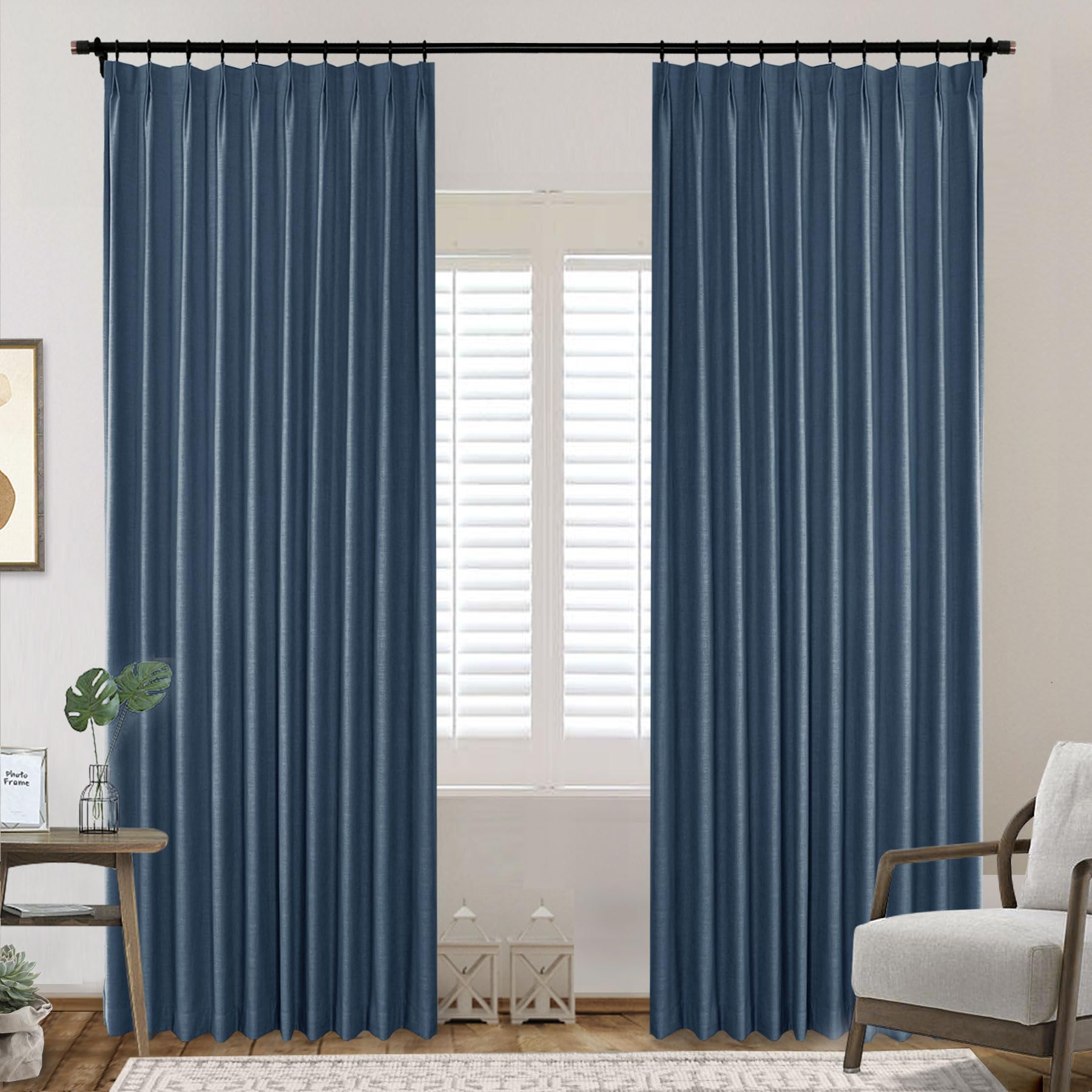 frelement faux linen curtains with blackout lining blackout curtains for bedroom pinch pleat curtains for traverse rod for meetingroom patio door, 26" w x 84" l, 2 panels, aegean blue