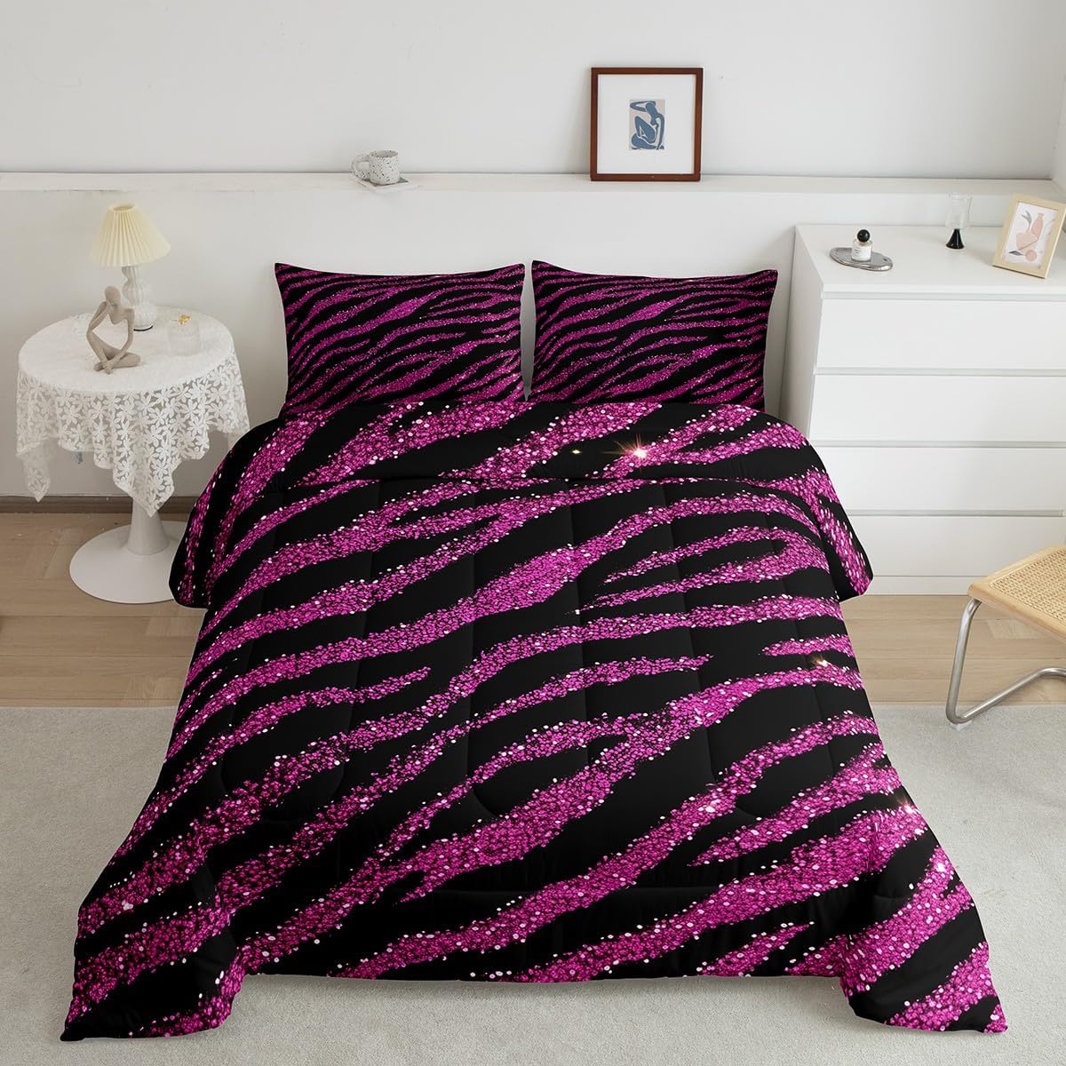 Feelyou Zebra Comforter Set Queen Size Hot Pink Stripes Bedding Set for Boys Girls Teens Glitter Comforter Women Men Animal Print Duvet Set with 2 Pillow Case