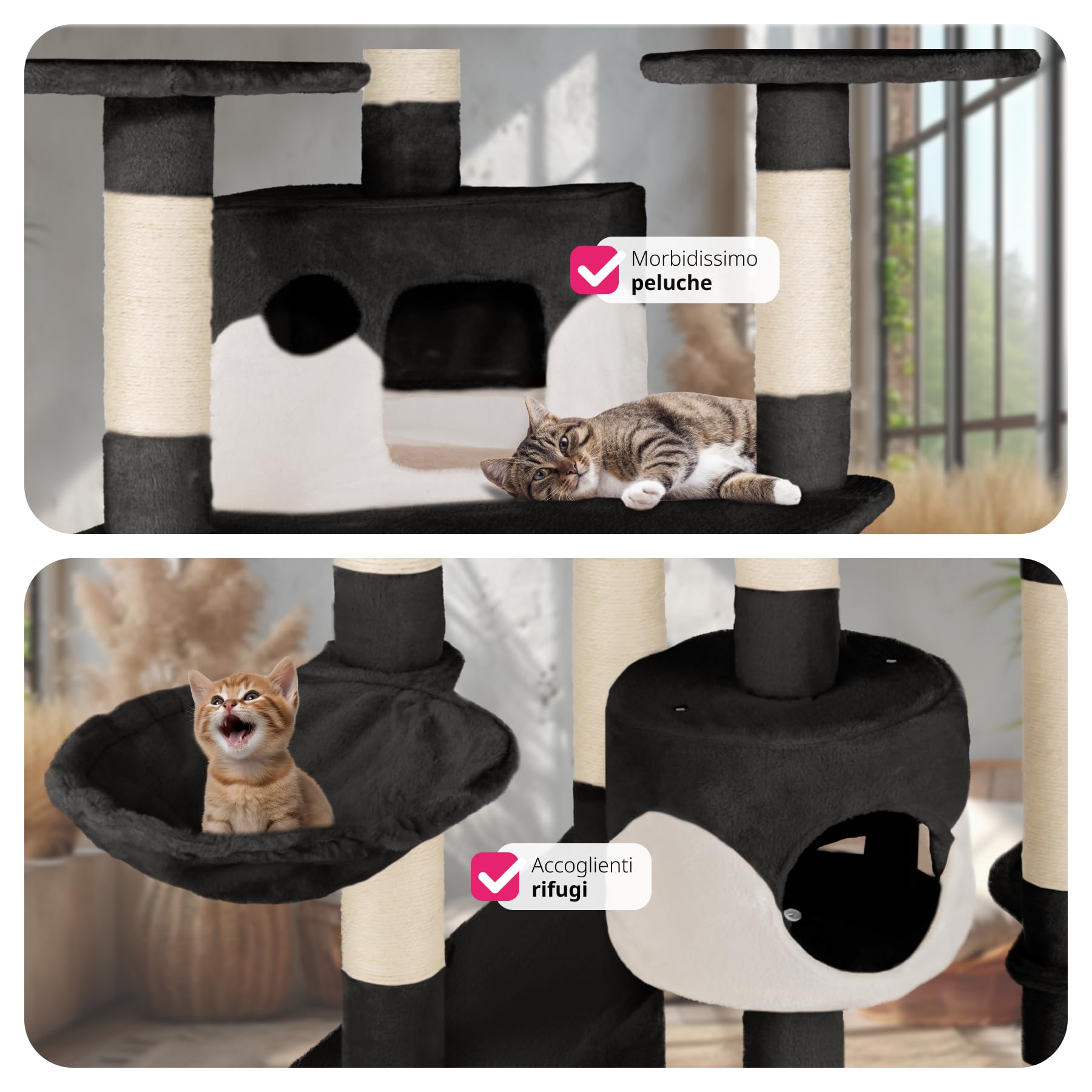 tectake® Tiragraffi per Gatti, Albero con 2 Casette, 4 Piattaforme, Tiragraffi con Amaca per Gatti, Albero per Gatti con Conche Orientabili e Cordicella per Gioco Gatti - Nero/Bianco