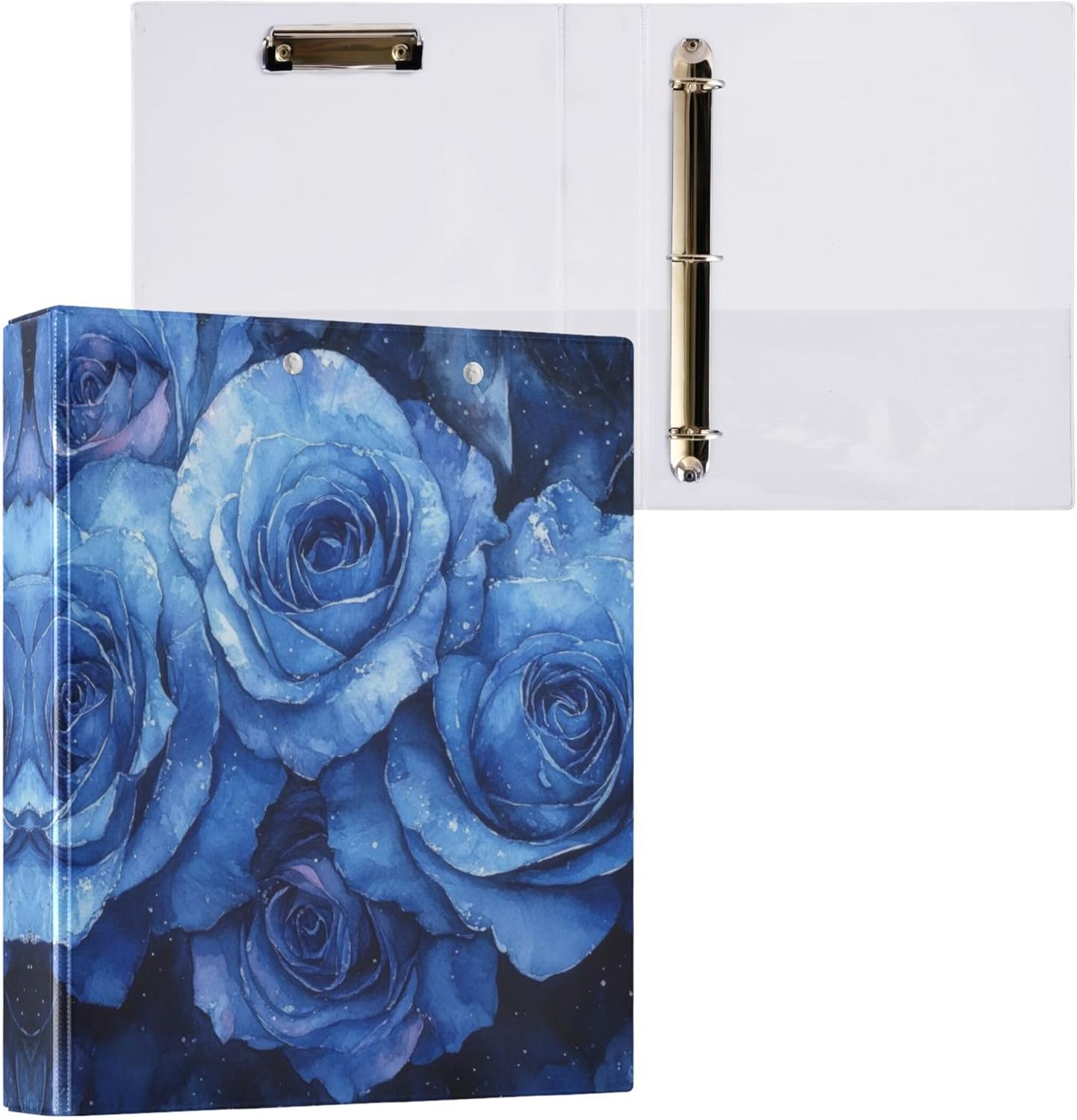 Valentine Day Blue Roses 3 Ring Binders, 1.5” Round Ring Binders with Clipboard - Letter Size, 3 Interior PVC Clear Pockets & Anti-Slip Clip for Office School Supplies, 2PCS