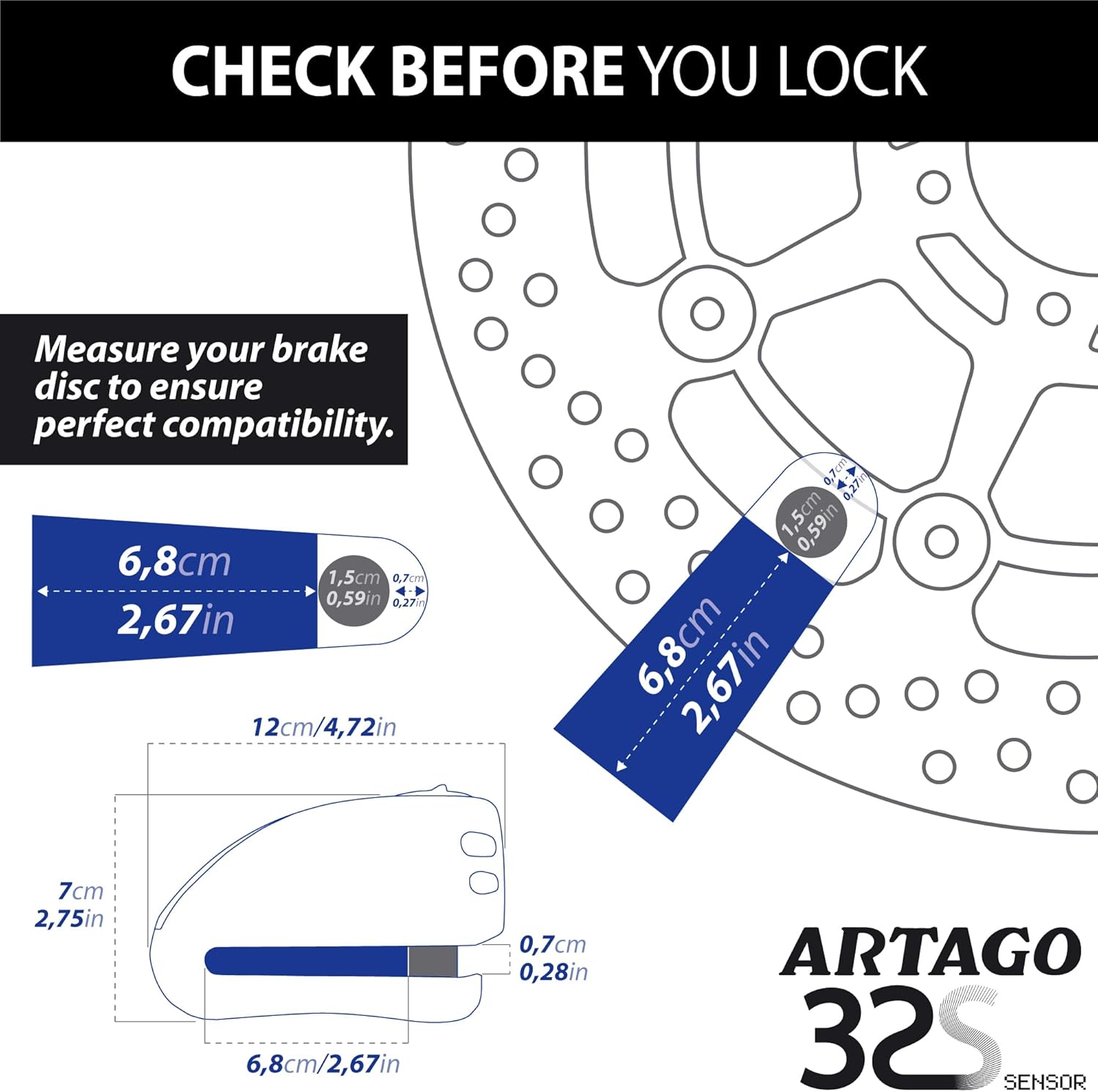 ARTAGO 32 State-of-the-art Motorcycle Disc Lock 2in1 | Smart Alarm, 120dB, Don't Touch Warning | Exclusive SAA Triple Locking, SRA & Sold Secure Gold Approved, Stainless Steel, Brake Anti-Theft Device