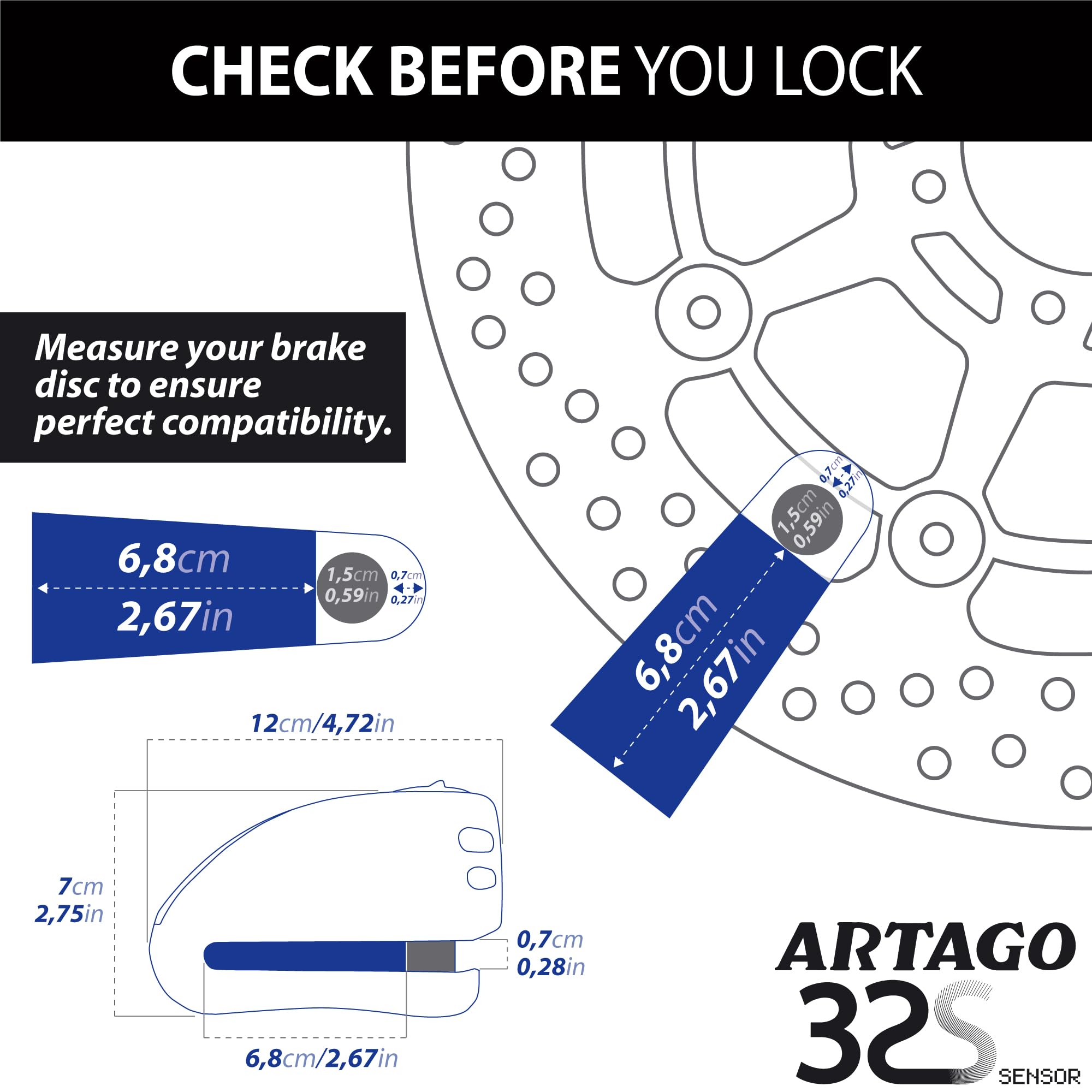 ARTAGO 32 Antivol Moto Haut de Gamme, Meilleur Bloque Disque Avec/Sans Alarme Don't Touch 120dB +LED, Homologué SRA & Sold Secure Gold, Blindage Anti-Perçage 5mm, Exclusif Triple Verrouillage 15.5mm