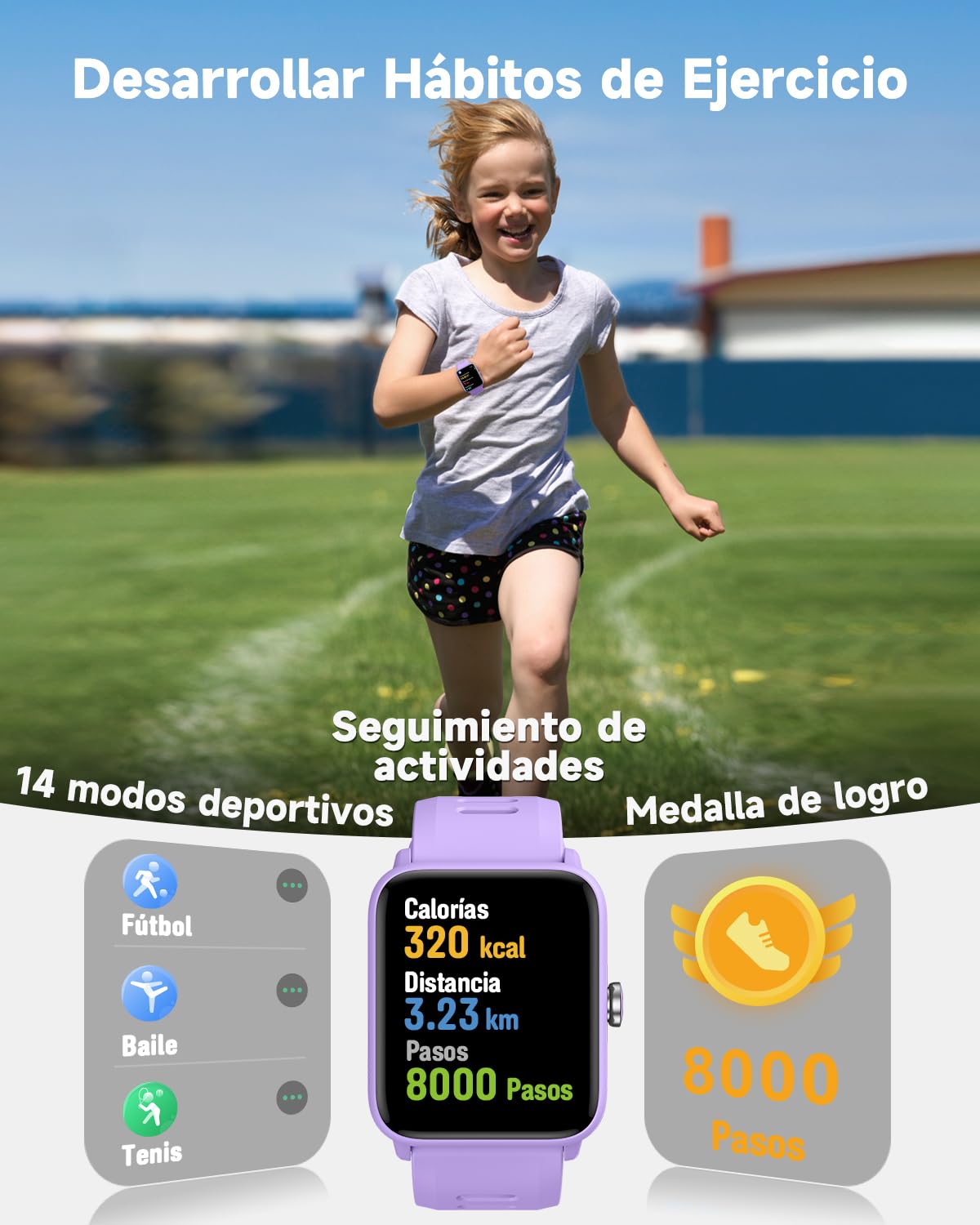 BIGGERFIVE Pulsera Actividad Niñas 3 a 14 años, Reloj Inteligente con Podómetro, Frecuencia cardíaca, Resistente al Agua 5 ATM, Monitor de Sueño, Despertador, Juegos de Rompecabezas