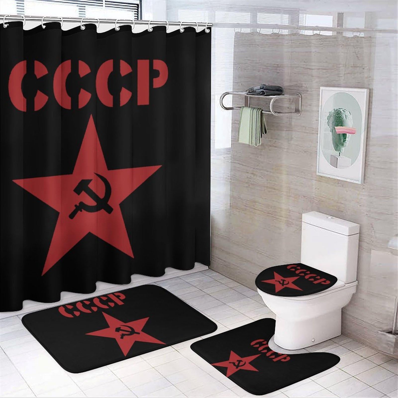 CGSBNGHA Flag Soviet Union USSR Hammer And Sickle Shower Curtain Set 4 Piece Bathroom Sets with Rugs Toilet Lid Cover And U-Shaped Floor Mat