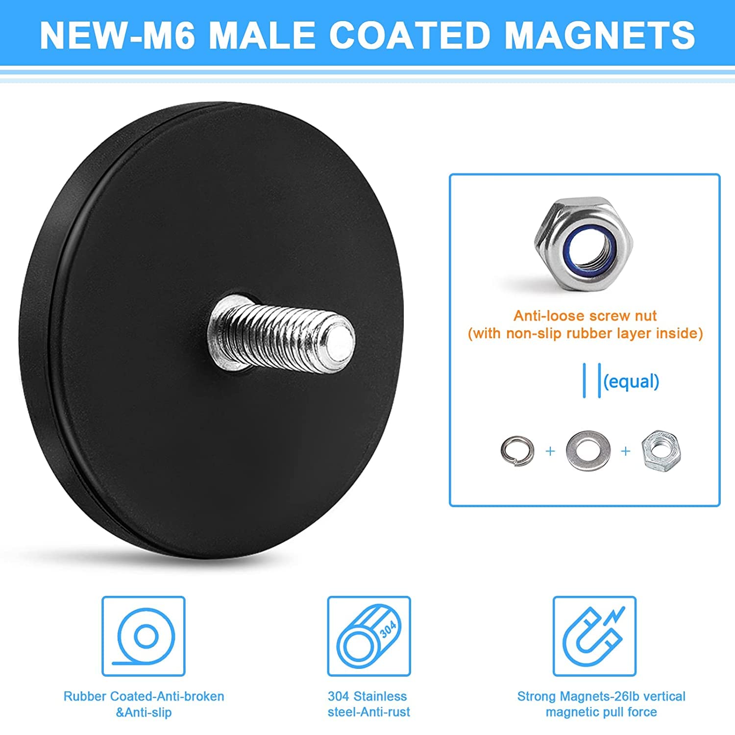 Learay Rubber Coated Magnets, 31LBS Neodymium Magnet Base, 10 Pack