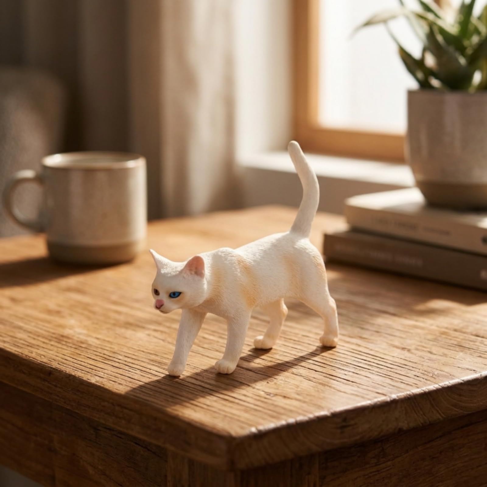 Six Petites Statues Chat Peintes avec Détails Faciaux Précis pour Décoration Bureau et Collection sur Tablette