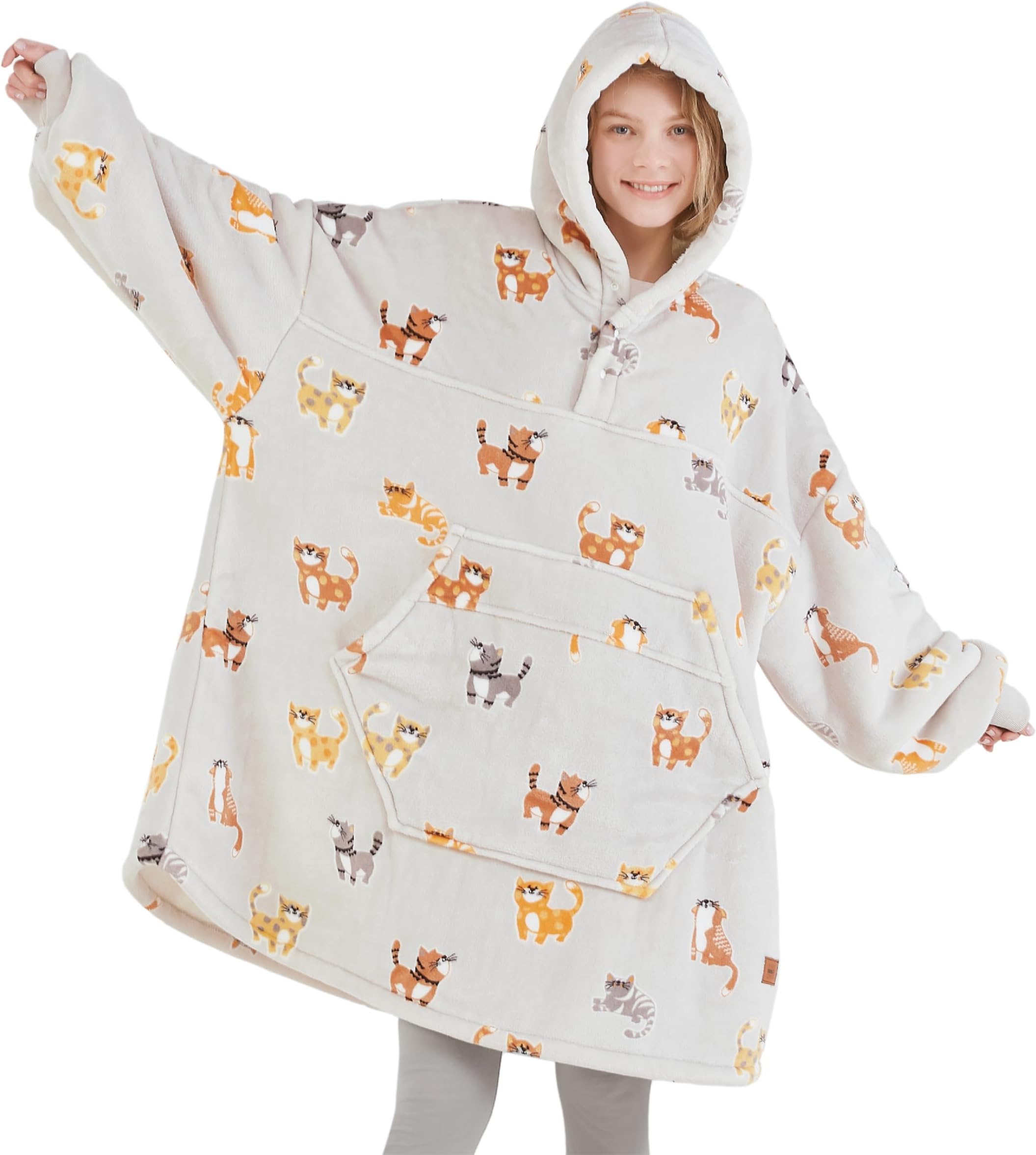 Degrees of Comfort Wearable Blanket Hoodie for Women Adults, Cozy Oversized and Warm Sherpa Lined Sweatshirt Blankets, Cat 38x32