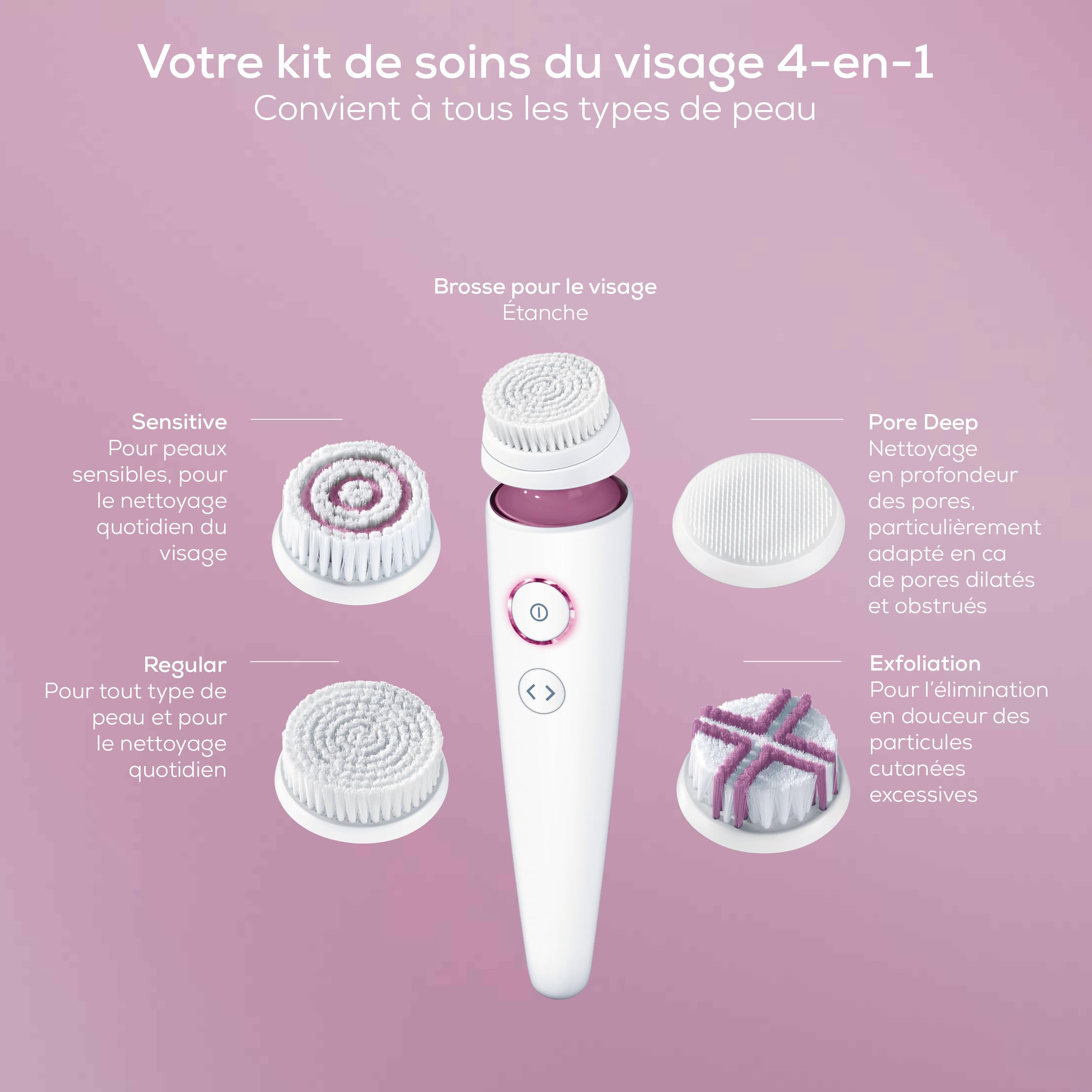Beurer FC 95 brosse nettoyante visage électrique, nettoyage profond des pores, 4 embouts, étanche, rechargeable