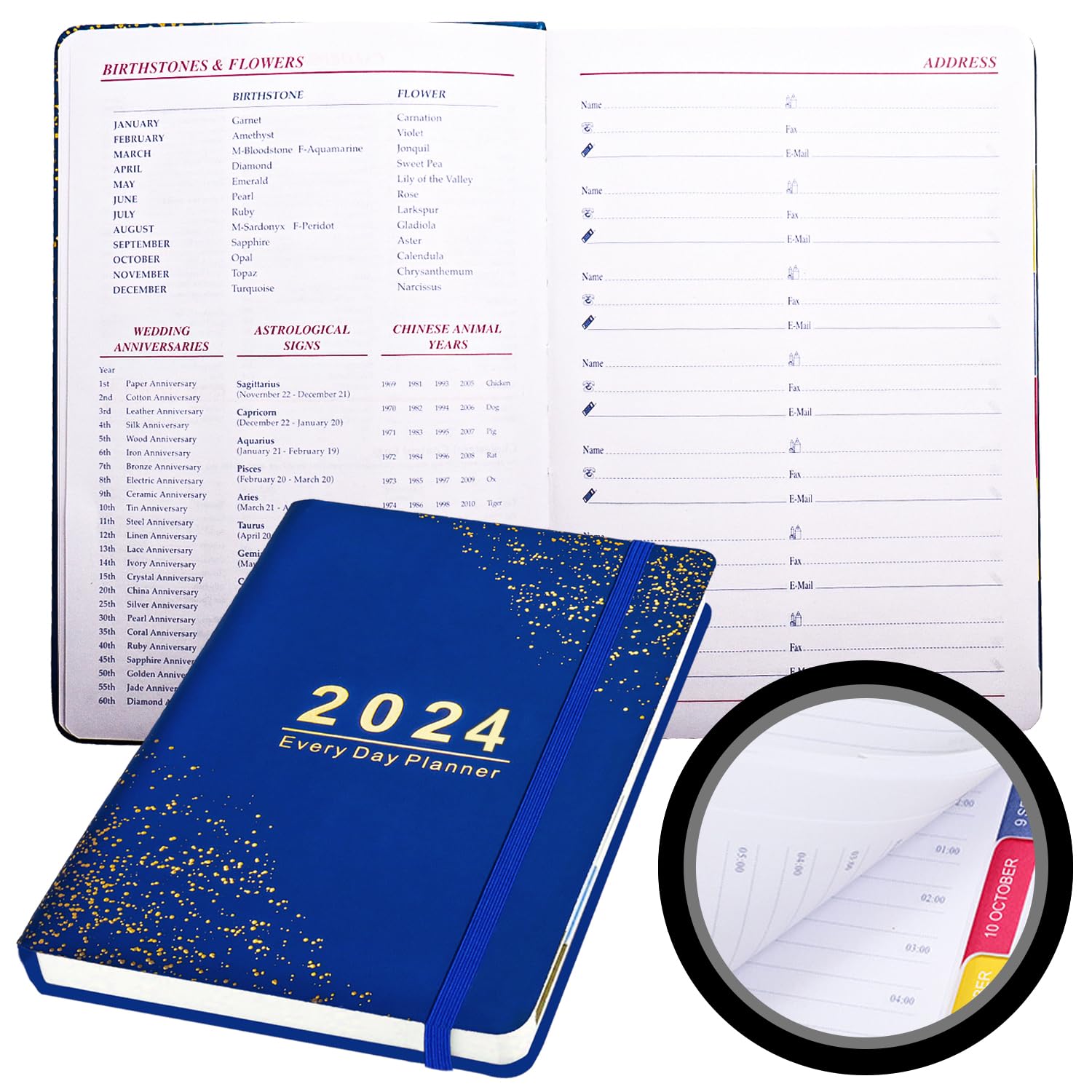 WDAFLG2024 Diary - 2024 Everyday Diary Planner from January 2024 to December 2024, Diary 2024 A5 Week to View with Hardback Leather Cover, Day to Page with Monthly Tabs (dark blue)
